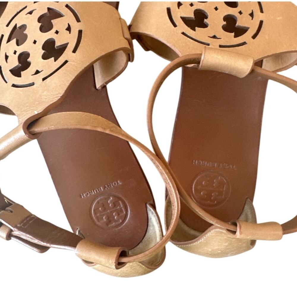 Tory Burch Zoey Leather Sandals‎ Tan Cutout Logo Flat Size 8 - Picture 3 of 13